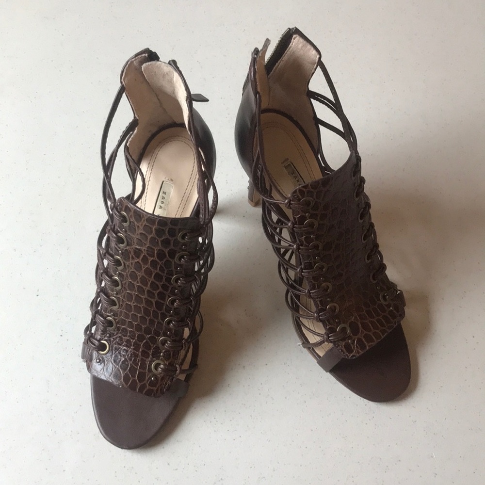 Studded croc-embossed leather gladiator sandals